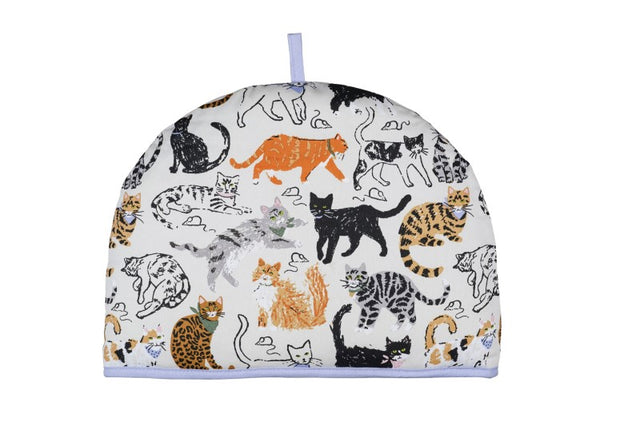 Colorful cotton tea cosy featuring playful cat illustrations and mice, perfect for cat lovers and sustainable kitchen decor.