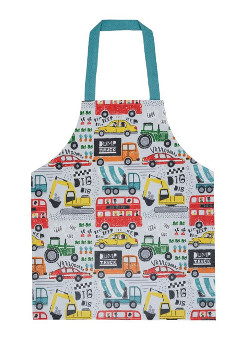 Colorful child's apron featuring playful car graphics and noises, ideal for cooking and crafts, easy to wipe clean.