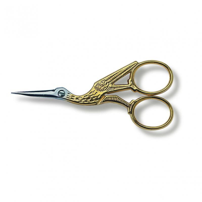 Gold-plated Victorinox stork embroidery scissors, 16cm, featuring forged steel blades and a sturdy design for precision cutting.