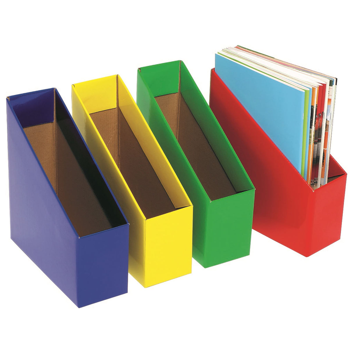 Small blue Marbig book boxes in a pack of 5, perfect for organizing books and magazines in home or classroom settings.