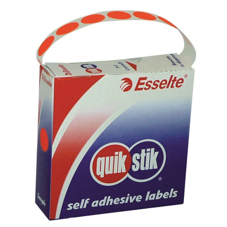 Quikstik Label Dispenser with 700 vibrant 14mm Fluoro Red circular labels for efficient labeling and organization.