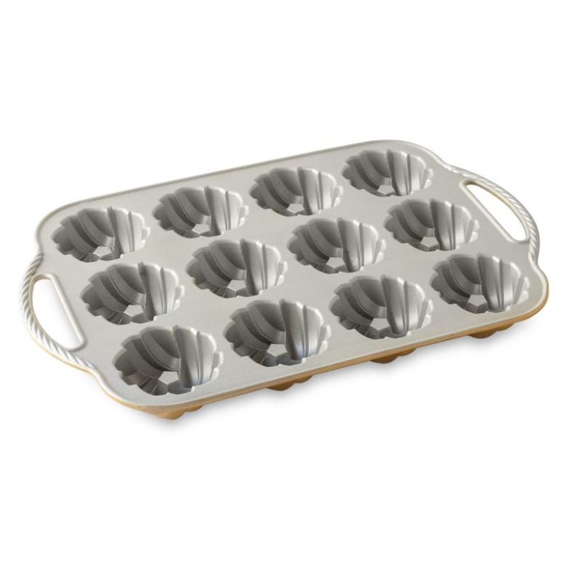 Elegant Nordic Ware mini bundt pan with braided design, perfect for individual desserts and even baking.