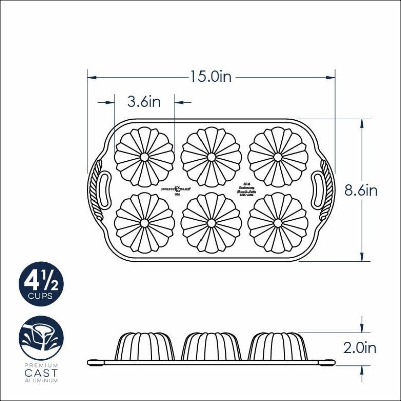 Nordic Ware Anniversary Bundtlette® mini Bundt pan for six individual cakes, crafted from durable cast aluminum.