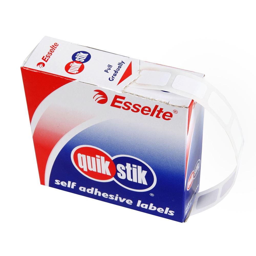 Quikstik Label Dispenser with 1500 white 10x16mm labels, ideal for efficient labeling without residue.