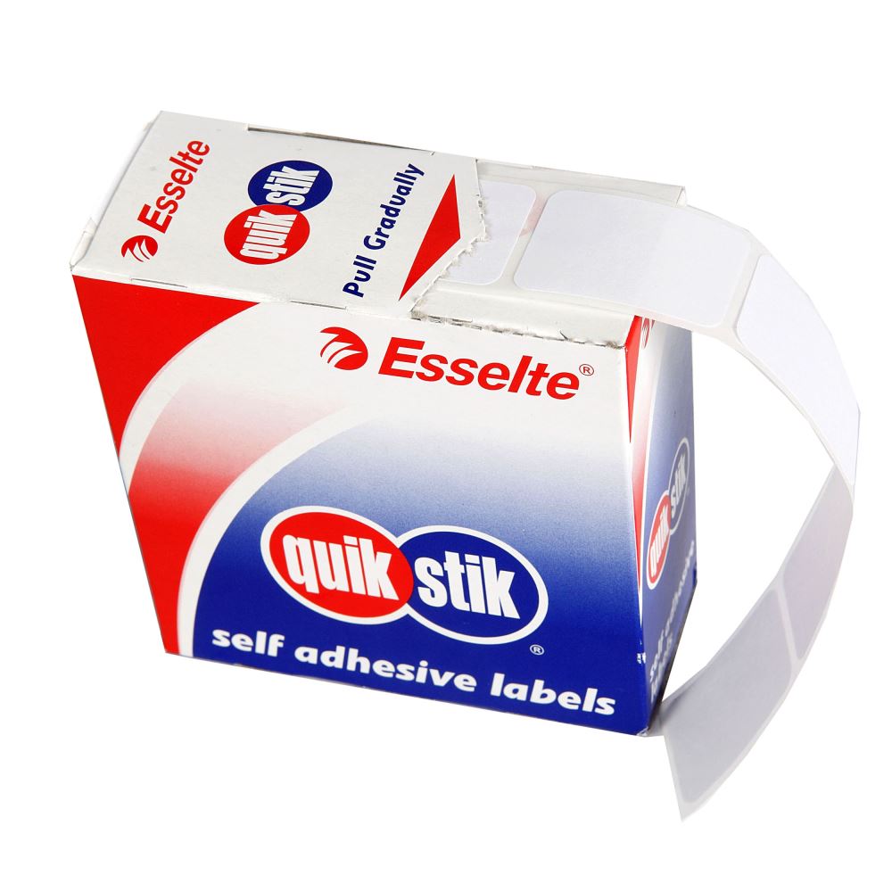 Quikstik Label Dispenser with 1000 white 13x19mm rectangular labels for efficient, hassle-free labeling on most clothing.