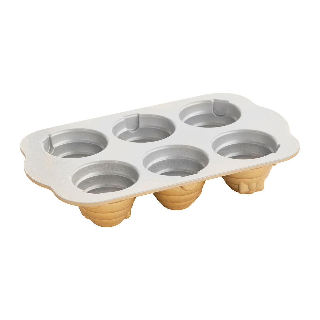 Nordic Ware Beehive Cakelet Pan shapes six charming beehive cakelets, ideal for whimsical desserts and easy baking cleanup.