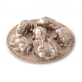 Toffee-colored bunny-shaped cake pan designed for Easter and spring celebrations, featuring a 4.5-cup capacity and high-quality cast aluminum.