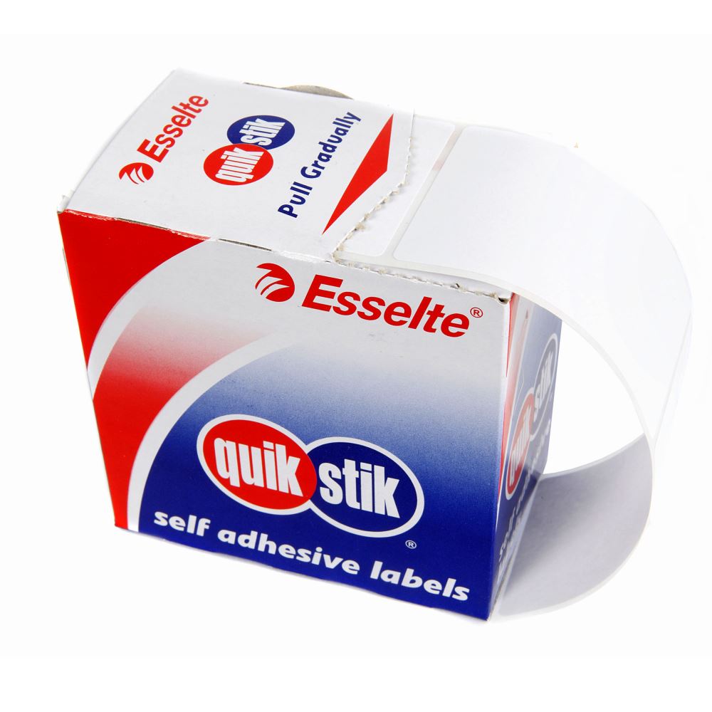 Quikstik Label Dispenser with 150 removable white labels, 44x65mm, designed for efficient home and office organization.