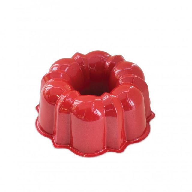 Vibrant red Nordic Ware 3 Cup Bundt Pan, perfect for crafting elegant mini Bundt cakes and gelatin molds with nonstick ease.