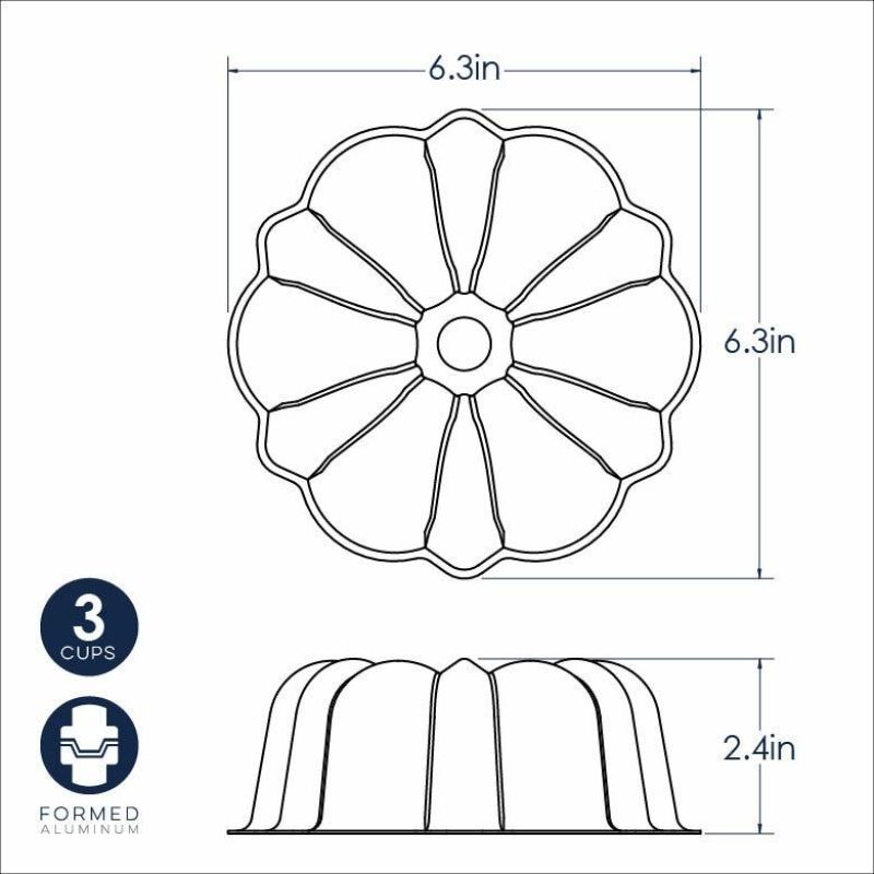 Vibrant red 3-cup Bundt pan made of aluminum, ideal for mini cakes and gelatin molds; features nonstick interior for easy release.