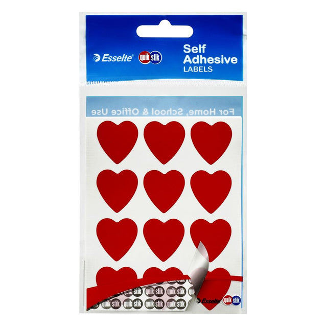 Red heart labels from Quikstik, 48 count, perfect for home, classroom, or office use, with easy storage.