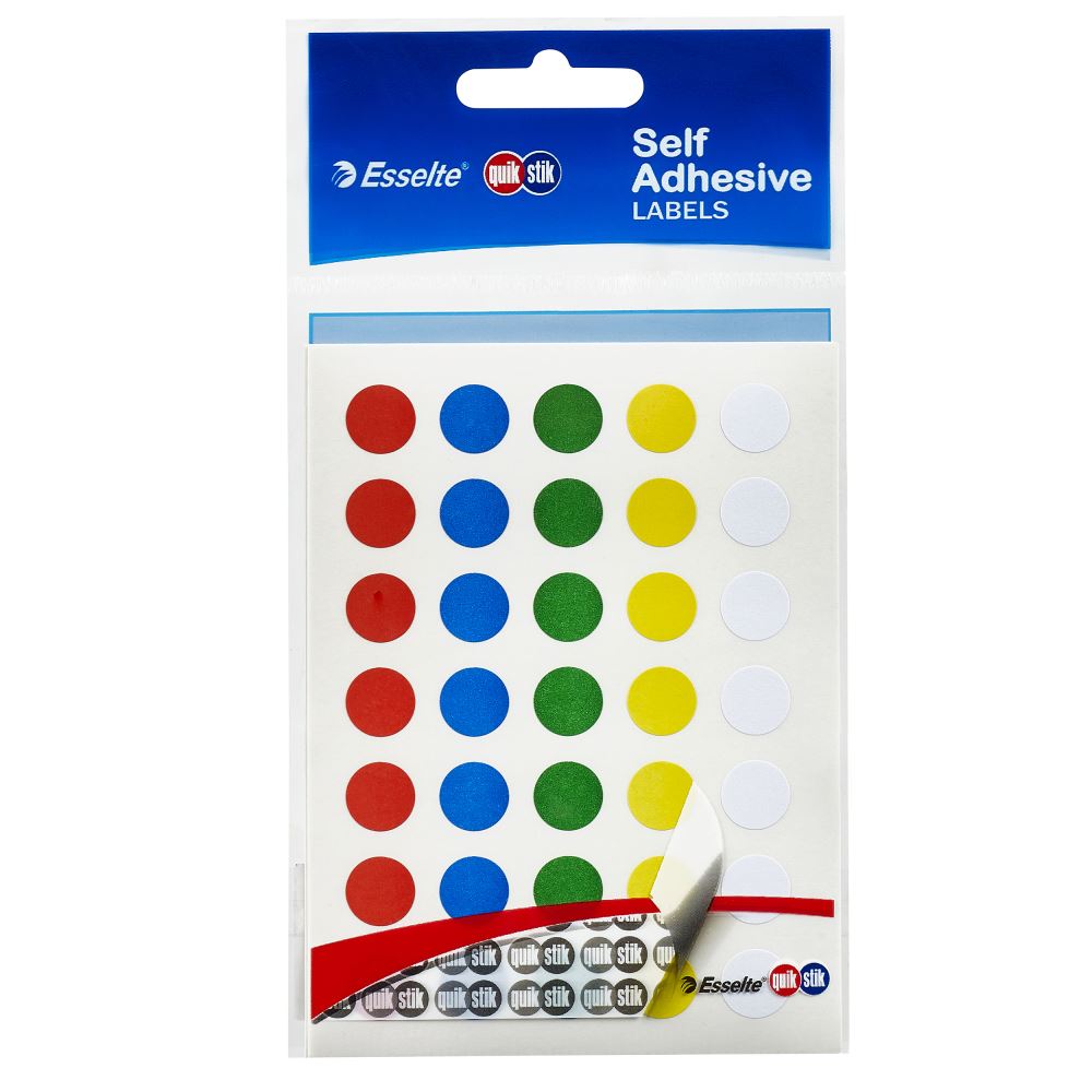 Assorted 11mm Quikstik labels with 245 pieces, ideal for home, office, and crafts, featuring various colors and designs.