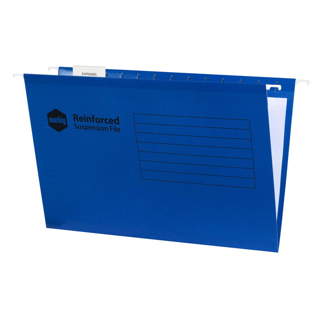 Blue reinforced suspension file by MARBIG® designed for secure document storage with smooth gliding runners and easy tabs.