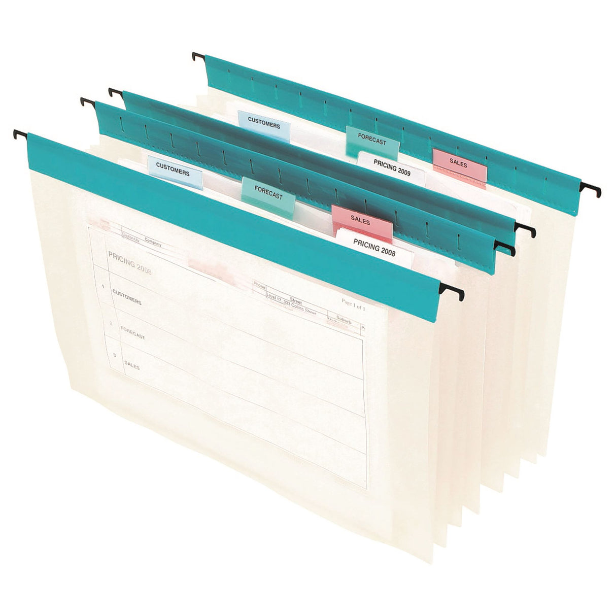 Green Marbig 3 Pocket Suspension Files pack, offering durable organization with expanding base and included tabs for document management.