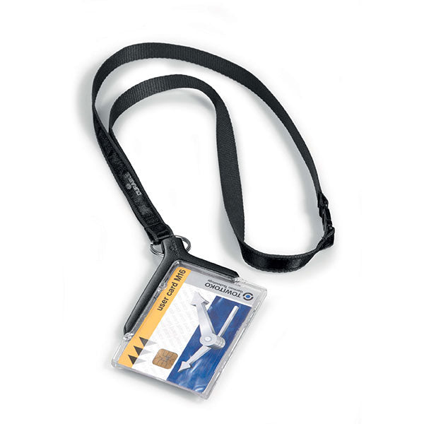 Elegant acrylic ID card holder with textile necklace, suitable for portrait or landscape cards, ensuring visibility and easy access.