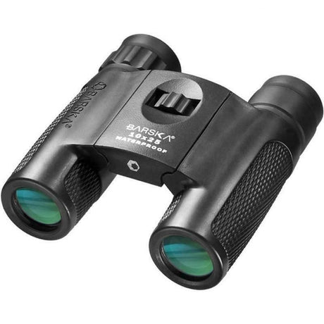 Barska Compact Blackhawk Binoculars with 10x magnification, waterproof design, and compact size for outdoor adventures.