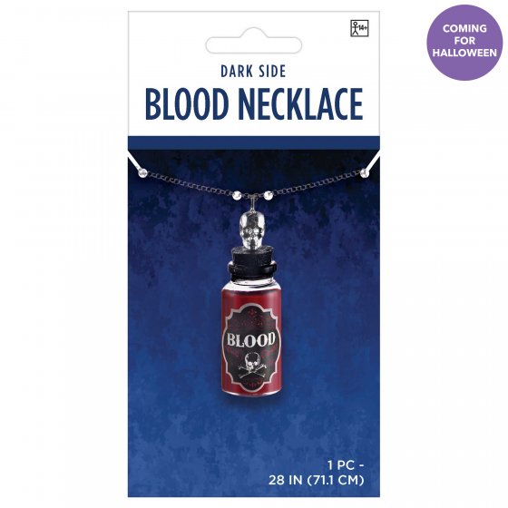 Blood Necklace featuring a glass bottle with vibrant red liquid, hanging from a 71cm silver chain with skull top detail.