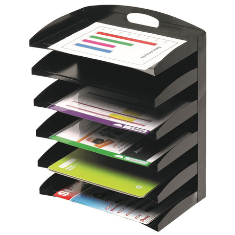 Sleek black 6-tier metal desktop organiser for A4/Foolscap papers, perfect for decluttering any workspace.