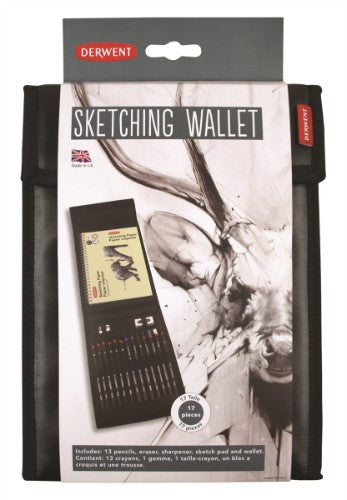 Derwent Sketching Wallet with graphic and water-soluble pencils, charcoal, sharpener, eraser, and A5 sketchpad for outdoor artists.