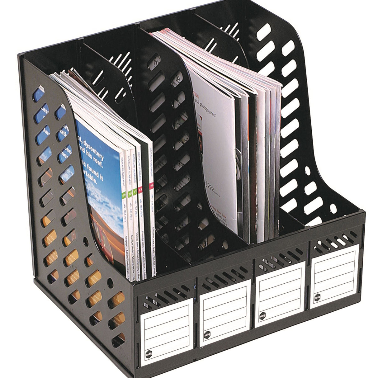 Durable 4-section magazine rack for organized storage of magazines, catalogs, and phone books in home or office spaces.