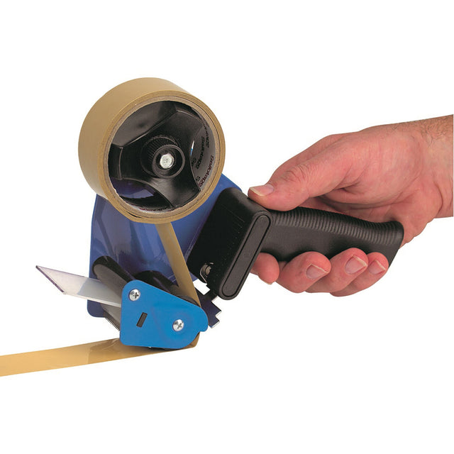 Marbig Tape Dispenser in stylish black and blue, compatible with 50mm tapes, featuring adjustable tension for easy use.