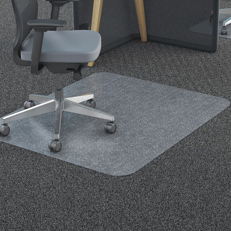 Durable Marbig chair mat designed for carpet protection, made from recyclable polycarbonate for smooth rolling and stability.