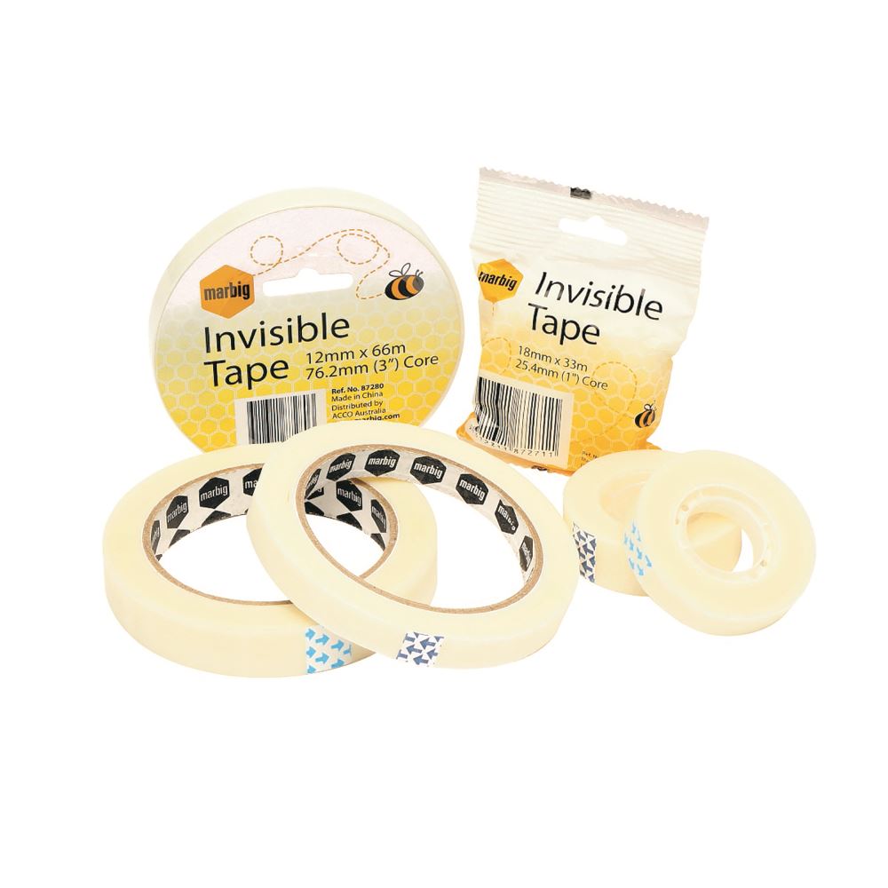 Marbig invisible tape in 18mm x 66m, ideal for crafting and gift wrapping, features a matte finish and is photocopy-safe.