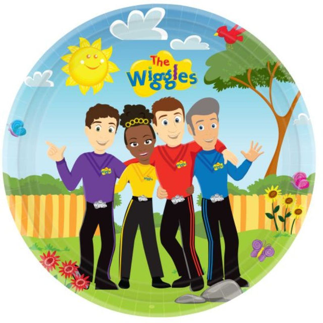 Colorful 23cm round paper plates featuring The Wiggles, perfect for party celebrations; set of 8.