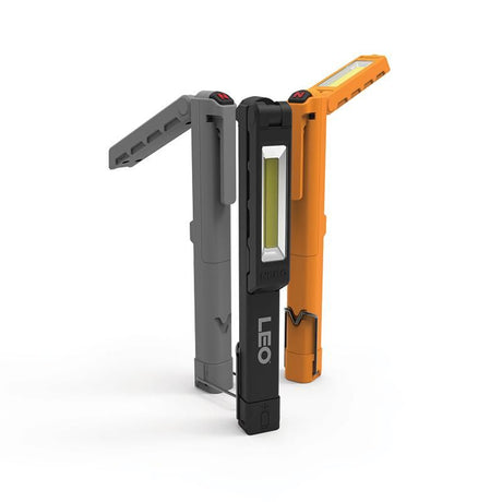 Compact Nebo Leo LED work light, 220 lumens, with dimmable function, pocket clip, magnetic base, and kickstand for hands-free use.