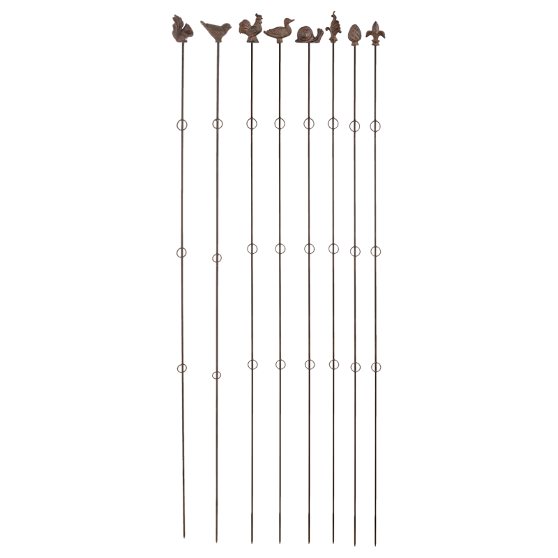 Set of 8 cast iron plant supports, 175cm tall, with decorative heads for enhancing garden aesthetics and stability.