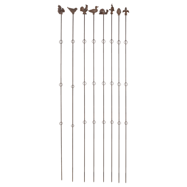 Set of 8 cast iron plant supports, 175cm tall, with decorative heads for enhancing garden aesthetics and stability.