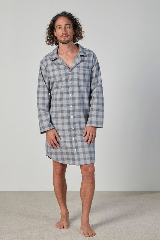 Elegant small nightshirt by BAKSANA in 100% brushed cotton, featuring a button-down design, collar, and pocket.