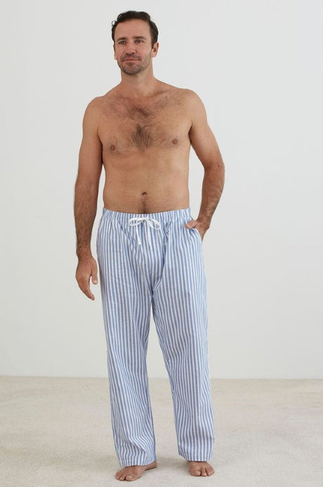 Blue and white striped PJ pants with elastic waistband, side pockets, and OEKO-TEX certification by BAKSANA.