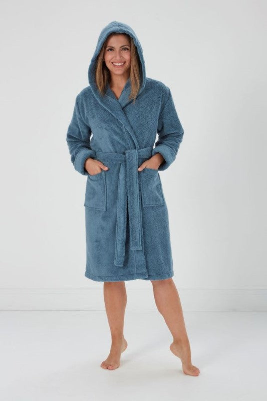 Halle Blue hooded bathrobe in L/XL, featuring two pockets, waist tie, and made from OEKO-TEX® certified micro-cotton.