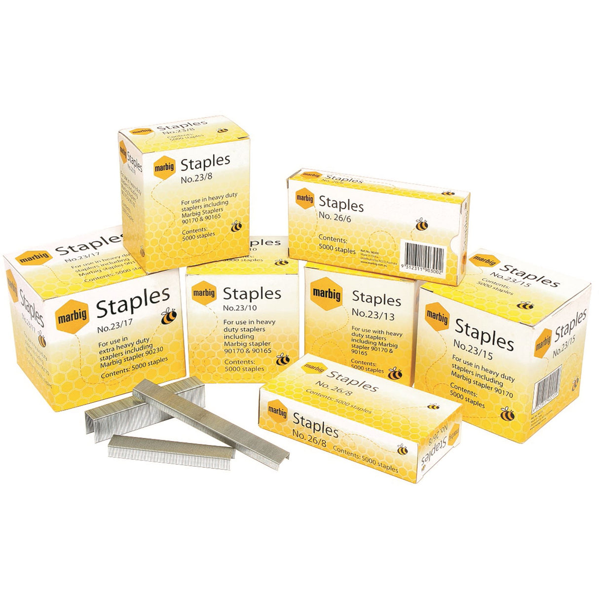 Marbig Heavy Duty 23/13 staples in a 5000 box, designed for durability and compatibility with most desktop staplers.