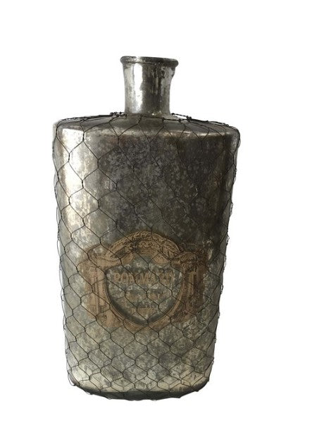 Elegant 46cm antique silver gold glass bottle/vase with vintage motif, perfect for decor or floral arrangements.