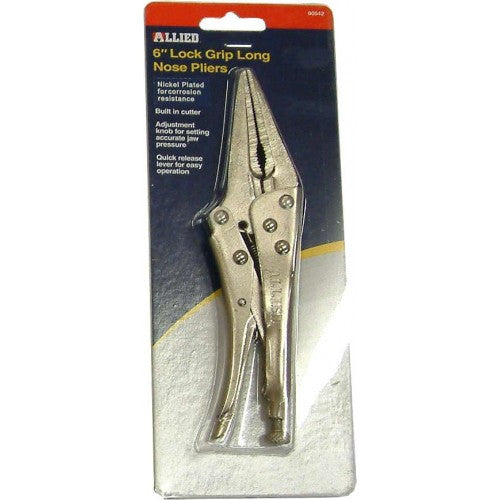 Lock Grip Pliers - Allied 6" long nose with built-in cutter, adjustable knob, and quick release for comfort and precision.