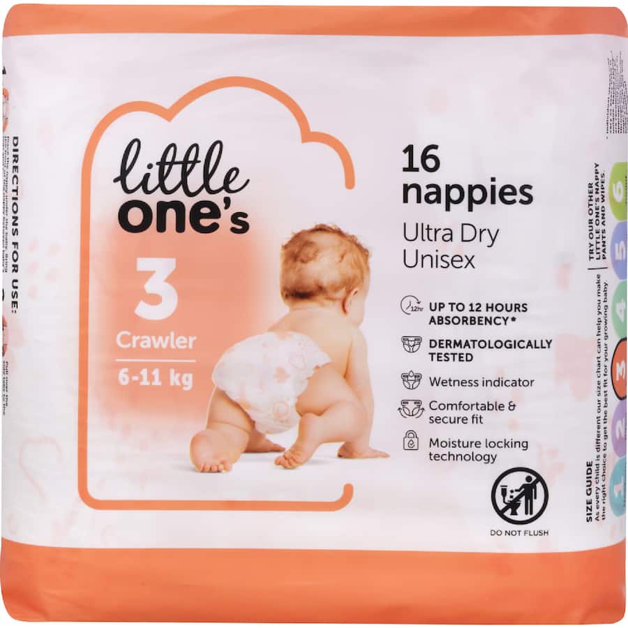 Little One's Convenience Nappies Crawler Boys & Girls 6-11kg Size 3 16pack