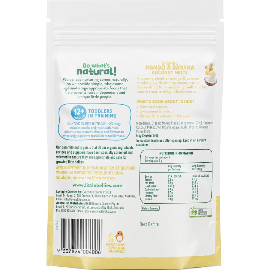 Little Bellies Organic Baby Snacks Mango & Banana Coconut Melts 20g
