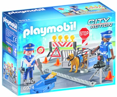 Playmobil Police Roadblock set with figures, police dog, nail trap, cones, and accessories for imaginative play.