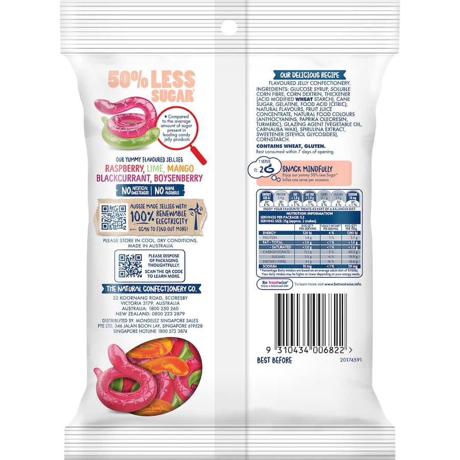 The Natural Confectionery Co. Lollies 50% Less Sugar Snakes 130g