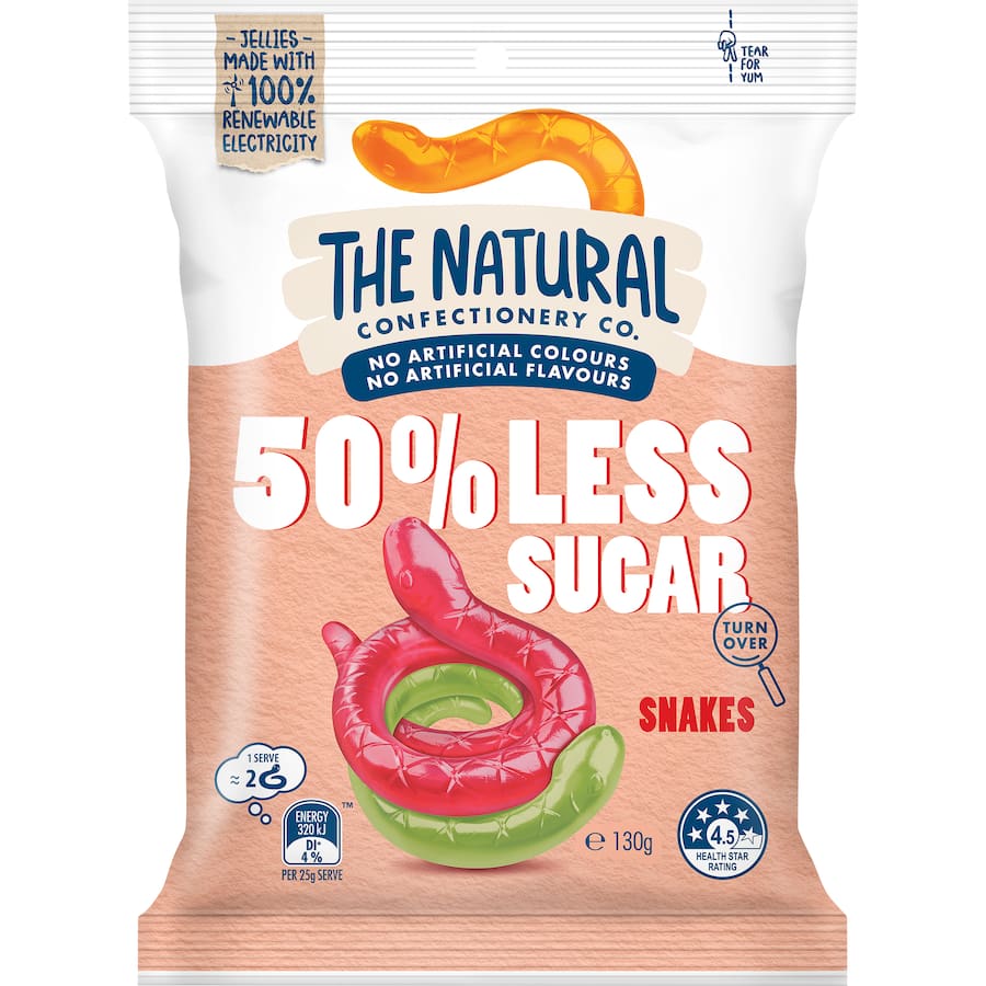 The Natural Confectionery Co. Lollies 50% Less Sugar Snakes 130g