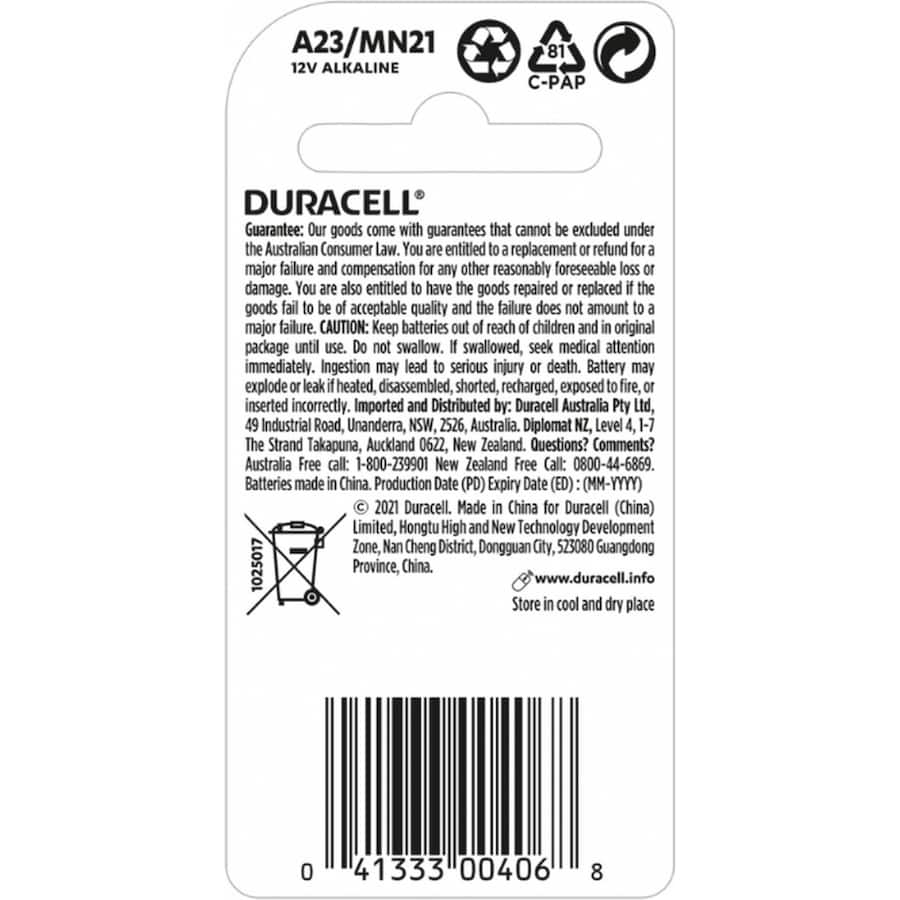 Duracell Batteries 12v Alkaline A23/mn21 2pack