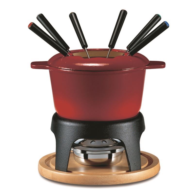 Vibrant cherry red Swissmar Sierra 11-piece fondue set with cast iron pot, forks, and wooden base for meat and cheese fondues.