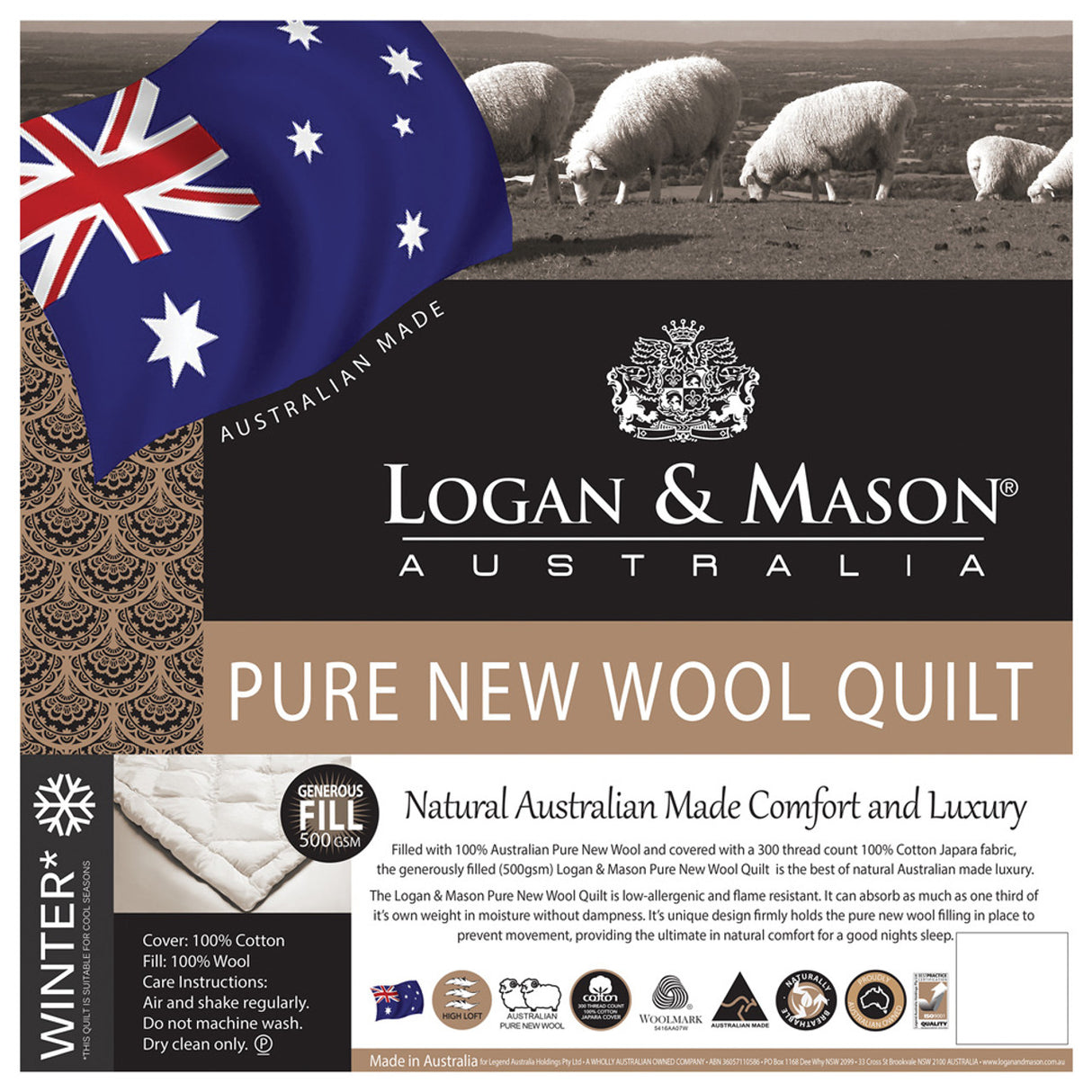 Single Duvet Inner - Pure New Wool Quilt / Doona 500GSM | Single Bed