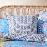 Vibrant blue Moroccan-inspired European pillowcase with intricate designs, perfect for a lively bedroom oasis.