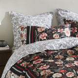 Super King Duvet Cover Set featuring oriental floral design and watercolour cherry blossoms on a black, red, and white background.