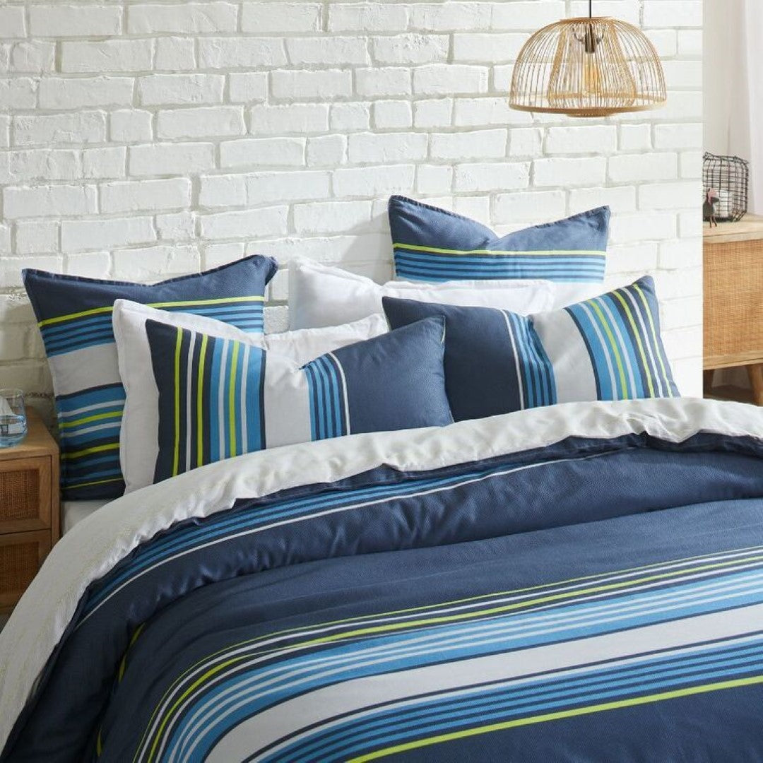 Super King Duvet Cover Set in Zayne Blue featuring horizontal stripes, herringbone pattern, and vibrant color accents.