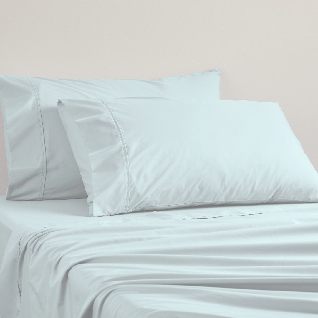 Logan and Mason chambray standard pillowcase, 250TC poly/cotton percale, soft, breathable, and stylish bedding essential.