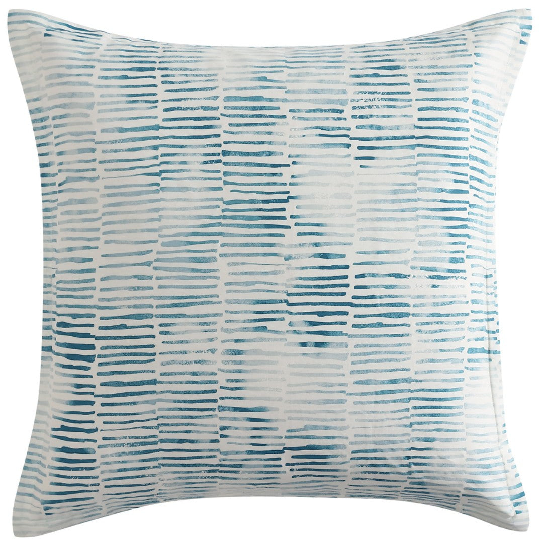 Kiama Blue European pillowcase featuring teal tones, abstract stripes, and a flange edge for luxurious bedroom decor.